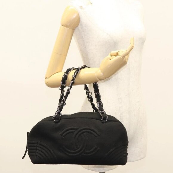 CHANEL COCO Mark Chain Hand Bag Cotton Black Silver CC Auth BD2146 - Picture 15 of 16